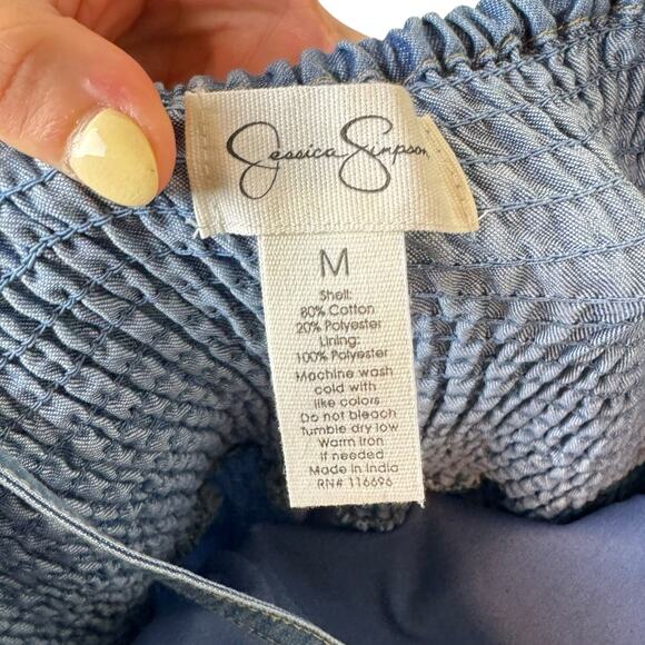 Jessica Simpson Chambray Blue Smocked Back Strappy Wide Leg Cropped Jumpsuit - Picture 9 of 9